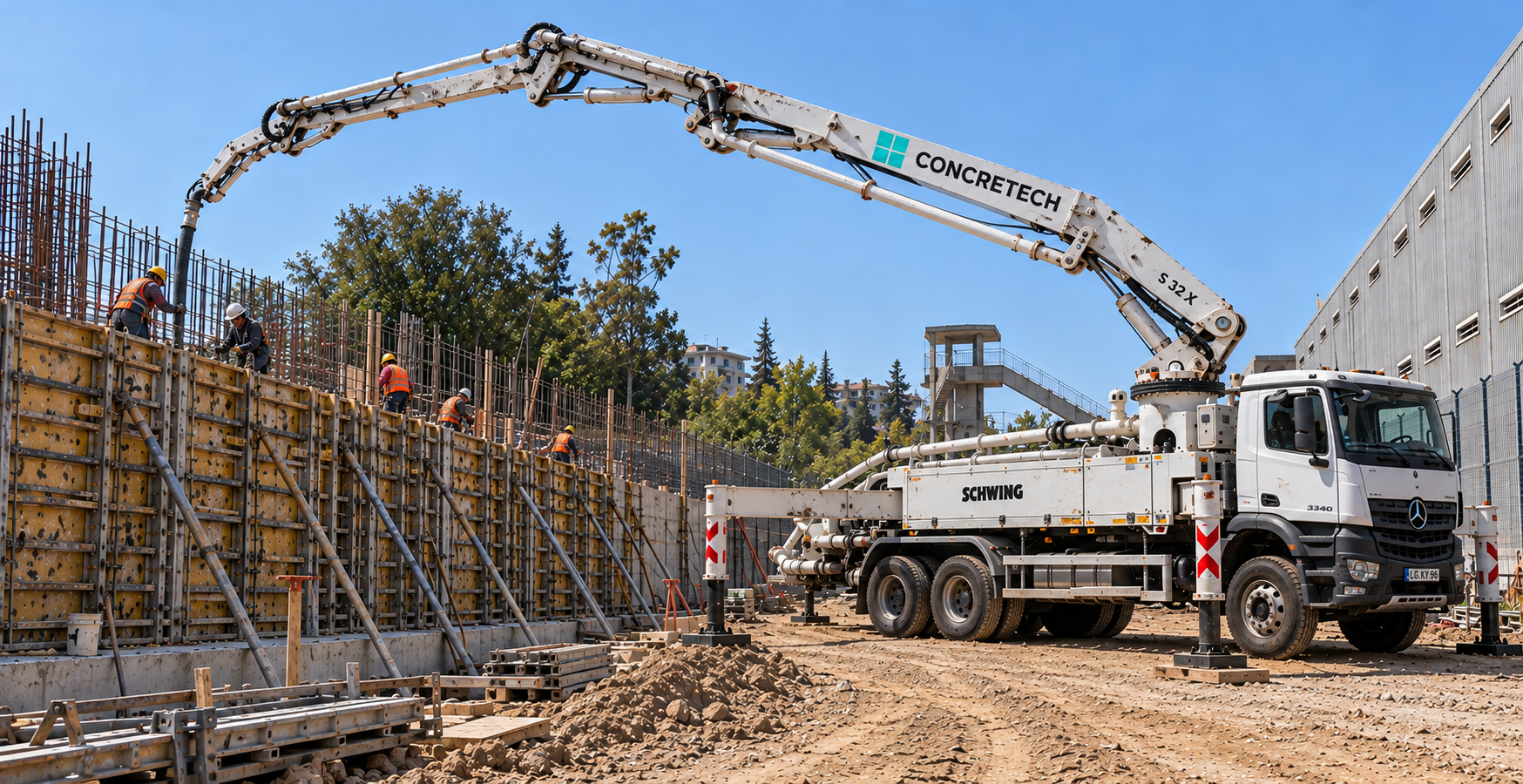 Bomba de hormigón telescópica Concretech realizando servicio de bombeo en obra